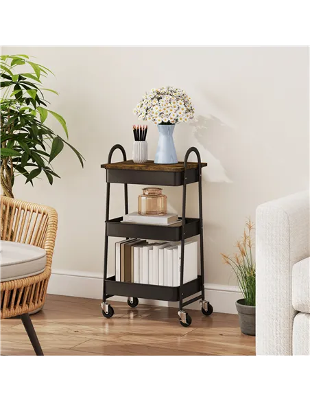 HOMCOM 3-Tier Kitchen Storage Trolley with on Wheels Cover Top Board - Rustic Brown and Black