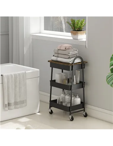 HOMCOM 3-Tier Kitchen Storage Trolley with on Wheels Cover Top Board - Rustic Brown and Black