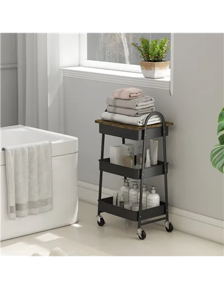 HOMCOM 3-Tier Kitchen Storage Trolley with on Wheels Cover Top Board - Rustic Brown and Black