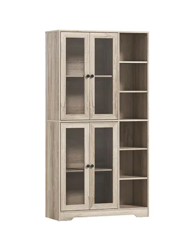 HOMCOM Multi-Storage Kitchen Cabinet, with Glass Doors - Grey Wood-Effect