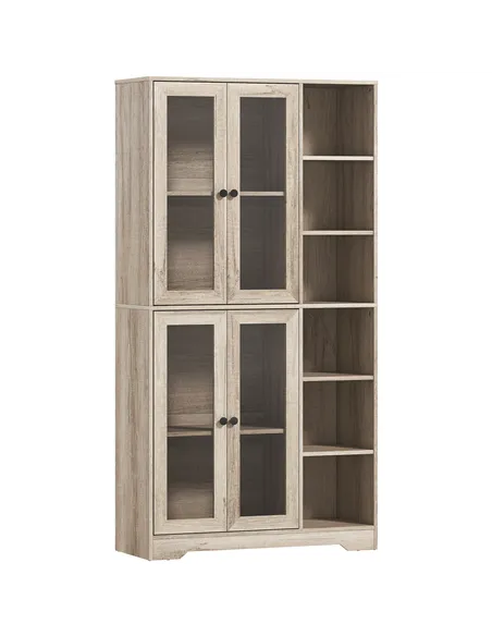 HOMCOM Multi-Storage Kitchen Cabinet, with Glass Doors - Grey Wood-Effect