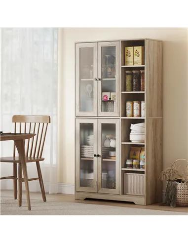 HOMCOM Multi-Storage Kitchen Cabinet, with Glass Doors - Grey Wood-Effect