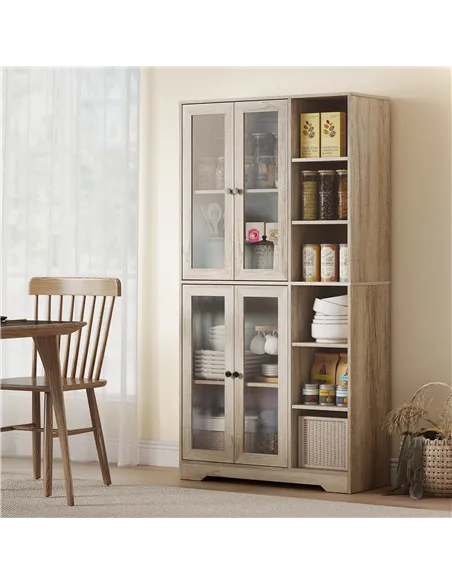 HOMCOM Multi-Storage Kitchen Cabinet, with Glass Doors - Grey Wood-Effect