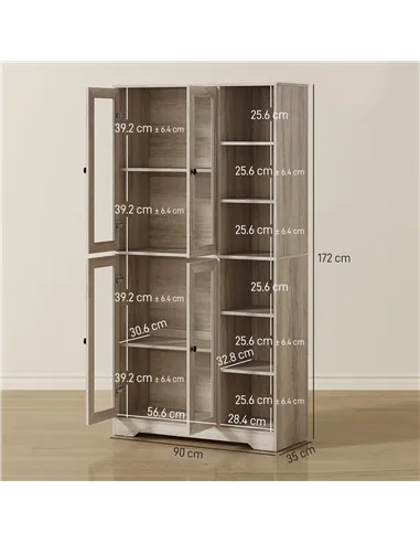 HOMCOM Multi-Storage Kitchen Cabinet, with Glass Doors - Grey Wood-Effect