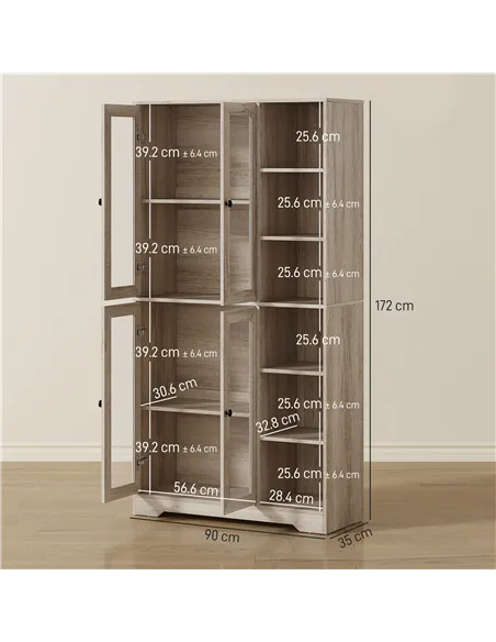 HOMCOM Multi-Storage Kitchen Cabinet, with Glass Doors - Grey Wood-Effect