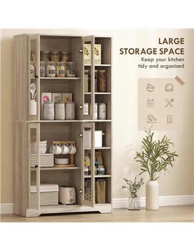 HOMCOM Multi-Storage Kitchen Cabinet, with Glass Doors - Grey Wood-Effect