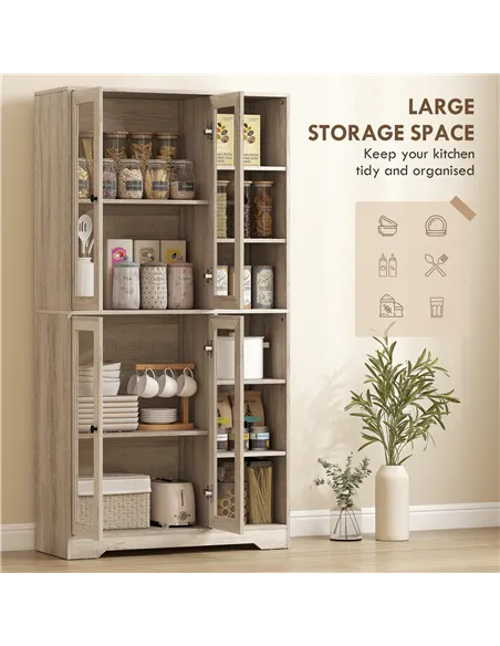 HOMCOM Multi-Storage Kitchen Cabinet, with Glass Doors - Grey Wood-Effect