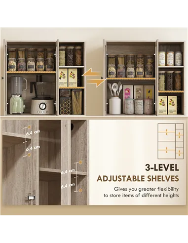 HOMCOM Multi-Storage Kitchen Cabinet, with Glass Doors - Grey Wood-Effect