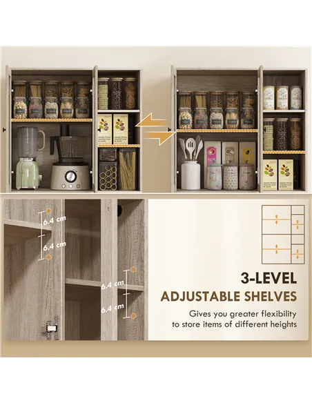 HOMCOM Multi-Storage Kitchen Cabinet, with Glass Doors - Grey Wood-Effect