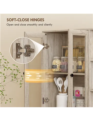 HOMCOM Multi-Storage Kitchen Cabinet, with Glass Doors - Grey Wood-Effect