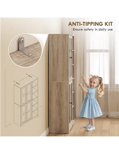 HOMCOM Multi-Storage Kitchen Cabinet, with Glass Doors - Grey Wood-Effect