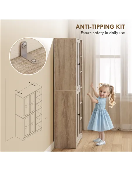 HOMCOM Multi-Storage Kitchen Cabinet, with Glass Doors - Grey Wood-Effect