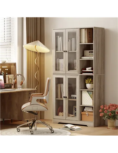 HOMCOM Multi-Storage Kitchen Cabinet, with Glass Doors - Grey Wood-Effect