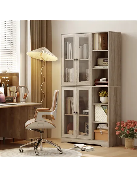 HOMCOM Multi-Storage Kitchen Cabinet, with Glass Doors - Grey Wood-Effect