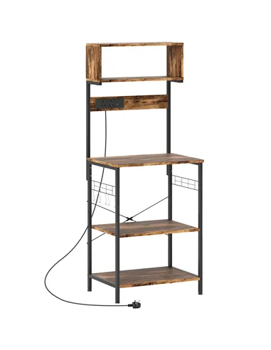 HOMCOM Bakers Rack with Power Outlet, USB Charger, Microwave Stand with Adjustable Shelves, 5 Hooks for Small Spaces, Kitchen St