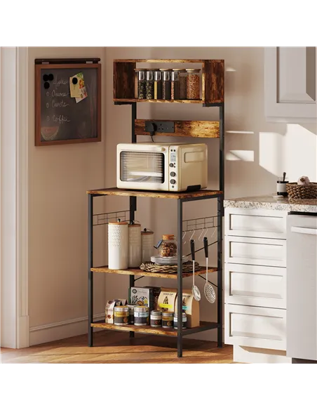 HOMCOM Bakers Rack with Power Outlet, USB Charger, Microwave Stand with Adjustable Shelves, 5 Hooks for Small Spaces, Kitchen St