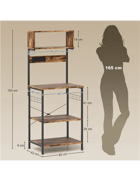 HOMCOM Bakers Rack with Power Outlet, USB Charger, Microwave Stand with Adjustable Shelves, 5 Hooks for Small Spaces, Kitchen St