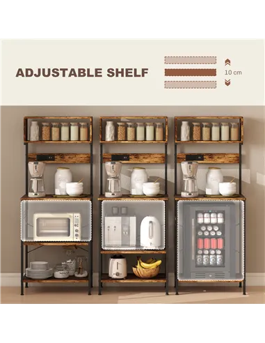 HOMCOM Bakers Rack with Power Outlet, USB Charger, Microwave Stand with Adjustable Shelves, 5 Hooks for Small Spaces, Kitchen St