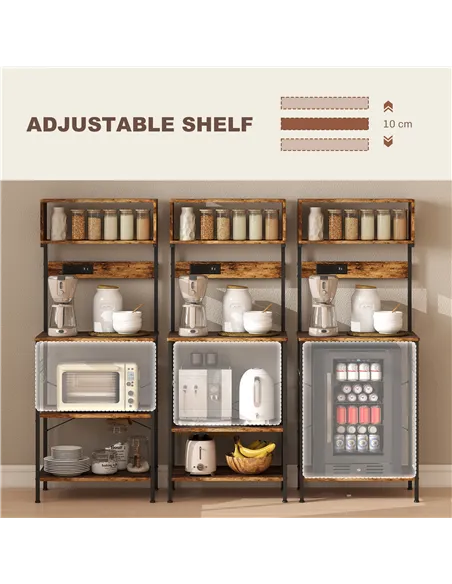 HOMCOM Bakers Rack with Power Outlet, USB Charger, Microwave Stand with Adjustable Shelves, 5 Hooks for Small Spaces, Kitchen St