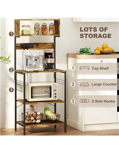 HOMCOM Bakers Rack with Power Outlet, USB Charger, Microwave Stand with Adjustable Shelves, 5 Hooks for Small Spaces, Kitchen St