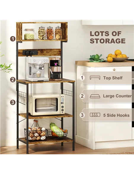 HOMCOM Bakers Rack with Power Outlet, USB Charger, Microwave Stand with Adjustable Shelves, 5 Hooks for Small Spaces, Kitchen St