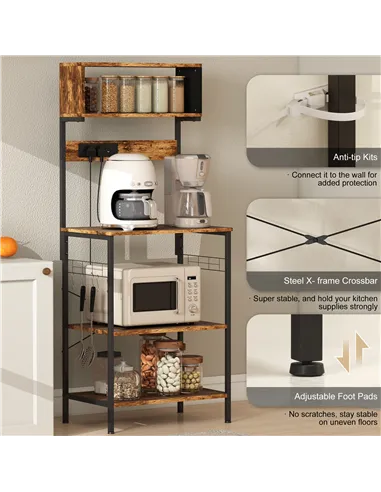 HOMCOM Bakers Rack with Power Outlet, USB Charger, Microwave Stand with Adjustable Shelves, 5 Hooks for Small Spaces, Kitchen St