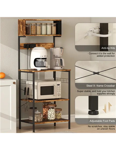 HOMCOM Bakers Rack with Power Outlet, USB Charger, Microwave Stand with Adjustable Shelves, 5 Hooks for Small Spaces, Kitchen St