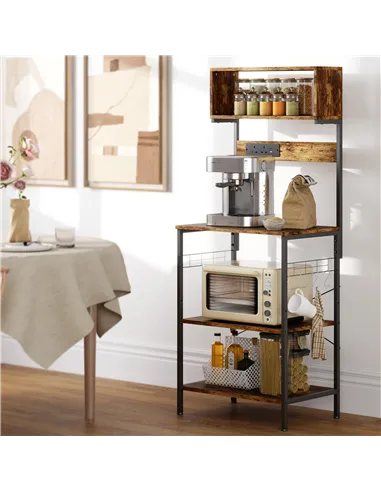 HOMCOM Bakers Rack with Power Outlet, USB Charger, Microwave Stand with Adjustable Shelves, 5 Hooks for Small Spaces, Kitchen St