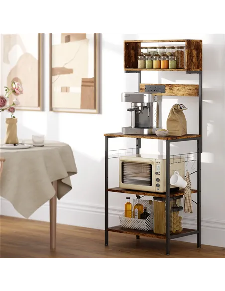 HOMCOM Bakers Rack with Power Outlet, USB Charger, Microwave Stand with Adjustable Shelves, 5 Hooks for Small Spaces, Kitchen St