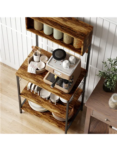 HOMCOM Bakers Rack with Power Outlet, USB Charger, Microwave Stand with Adjustable Shelves, 5 Hooks for Small Spaces, Kitchen St