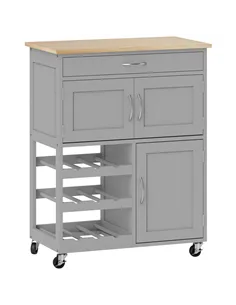 HOMCOM Modern Kitchen Trolley, Rolling Island Storage Cart with Drawer, 9-bottle Wine Rack, Door Cabinets, Wooden Countertop, Gr