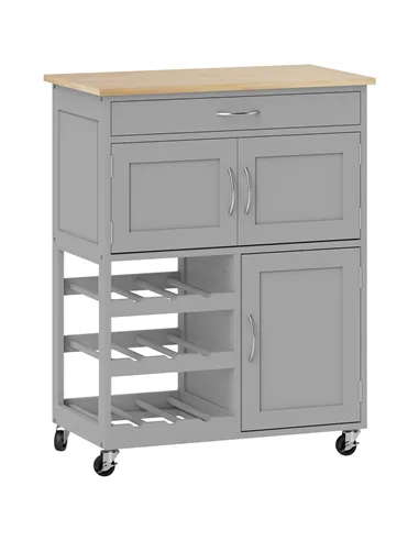HOMCOM Modern Kitchen Trolley, Rolling Island Storage Cart with Drawer, 9-bottle Wine Rack, Door Cabinets, Wooden Countertop, Gr