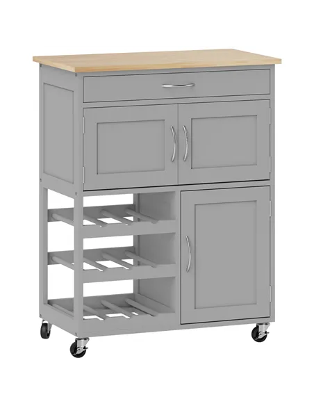 HOMCOM Modern Kitchen Trolley, Rolling Island Storage Cart with Drawer, 9-bottle Wine Rack, Door Cabinets, Wooden Countertop, Gr