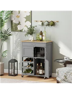 HOMCOM Modern Kitchen Trolley, Rolling Island Storage Cart with Drawer, 9-bottle Wine Rack, Door Cabinets, Wooden Countertop, Gr 2