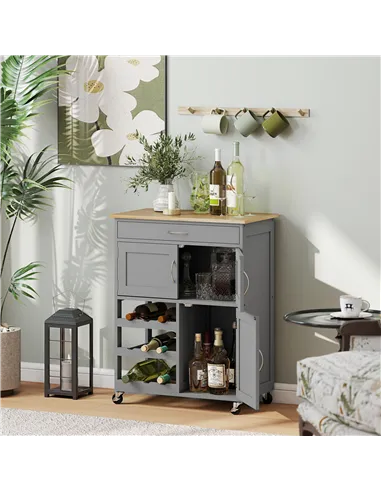 HOMCOM Modern Kitchen Trolley, Rolling Island Storage Cart with Drawer, 9-bottle Wine Rack, Door Cabinets, Wooden Countertop, Gr