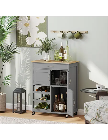 HOMCOM Modern Kitchen Trolley, Rolling Island Storage Cart with Drawer, 9-bottle Wine Rack, Door Cabinets, Wooden Countertop, Gr