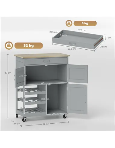 HOMCOM Modern Kitchen Trolley, Rolling Island Storage Cart with Drawer, 9-bottle Wine Rack, Door Cabinets, Wooden Countertop, Gr