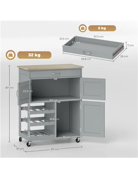 HOMCOM Modern Kitchen Trolley, Rolling Island Storage Cart with Drawer, 9-bottle Wine Rack, Door Cabinets, Wooden Countertop, Gr