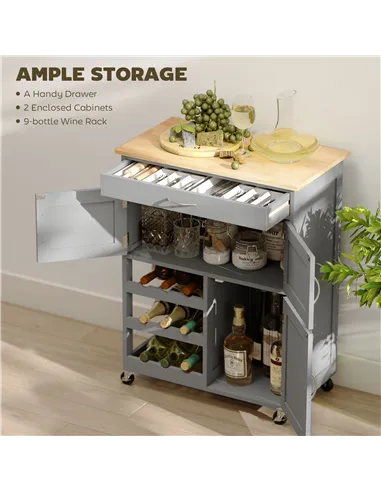 HOMCOM Modern Kitchen Trolley, Rolling Island Storage Cart with Drawer, 9-bottle Wine Rack, Door Cabinets, Wooden Countertop, Gr