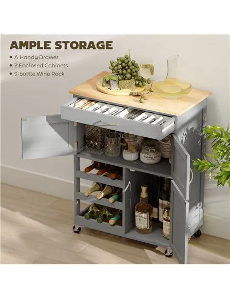 HOMCOM Modern Kitchen Trolley, Rolling Island Storage Cart with Drawer, 9-bottle Wine Rack, Door Cabinets, Wooden Countertop, Gr