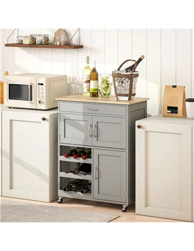 HOMCOM Modern Kitchen Trolley, Rolling Island Storage Cart with Drawer, 9-bottle Wine Rack, Door Cabinets, Wooden Countertop, Gr