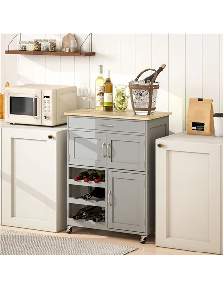 HOMCOM Modern Kitchen Trolley, Rolling Island Storage Cart with Drawer, 9-bottle Wine Rack, Door Cabinets, Wooden Countertop, Gr