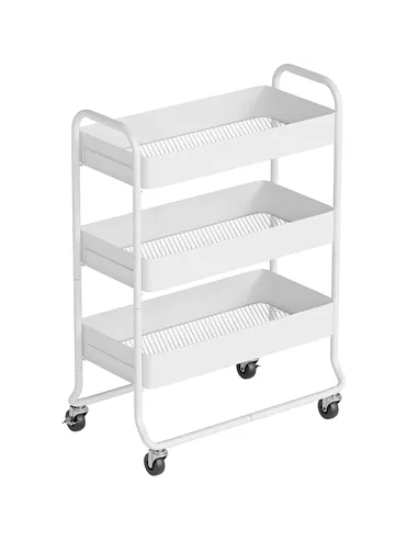 HOMCOM 3-Tier Storage Trolley on Wheels, Rolling Utility Cart with Mesh Backets for Kitchen, Bathroom, Bedroom, White