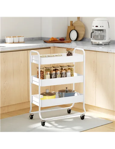 HOMCOM 3-Tier Storage Trolley on Wheels, Rolling Utility Cart with Mesh Backets for Kitchen, Bathroom, Bedroom, White