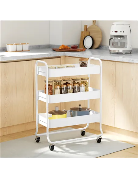 HOMCOM 3-Tier Storage Trolley on Wheels, Rolling Utility Cart with Mesh Backets for Kitchen, Bathroom, Bedroom, White