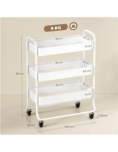 HOMCOM 3-Tier Storage Trolley on Wheels, Rolling Utility Cart with Mesh Backets for Kitchen, Bathroom, Bedroom, White