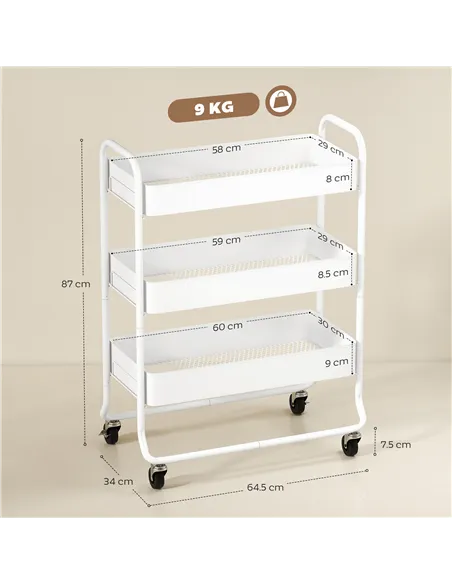 HOMCOM 3-Tier Storage Trolley on Wheels, Rolling Utility Cart with Mesh Backets for Kitchen, Bathroom, Bedroom, White