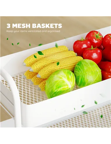 HOMCOM 3-Tier Storage Trolley on Wheels, Rolling Utility Cart with Mesh Backets for Kitchen, Bathroom, Bedroom, White