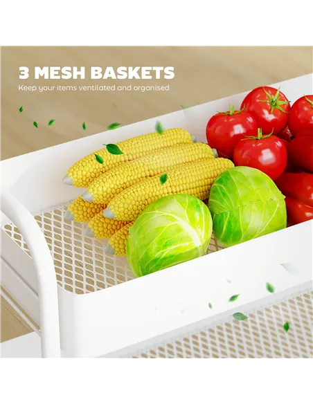 HOMCOM 3-Tier Storage Trolley on Wheels, Rolling Utility Cart with Mesh Backets for Kitchen, Bathroom, Bedroom, White