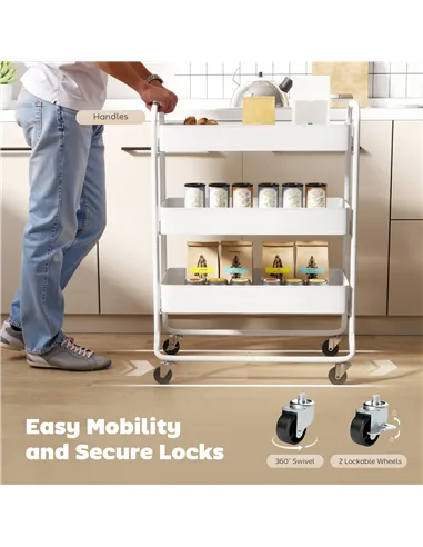 HOMCOM 3-Tier Storage Trolley on Wheels, Rolling Utility Cart with Mesh Backets for Kitchen, Bathroom, Bedroom, White